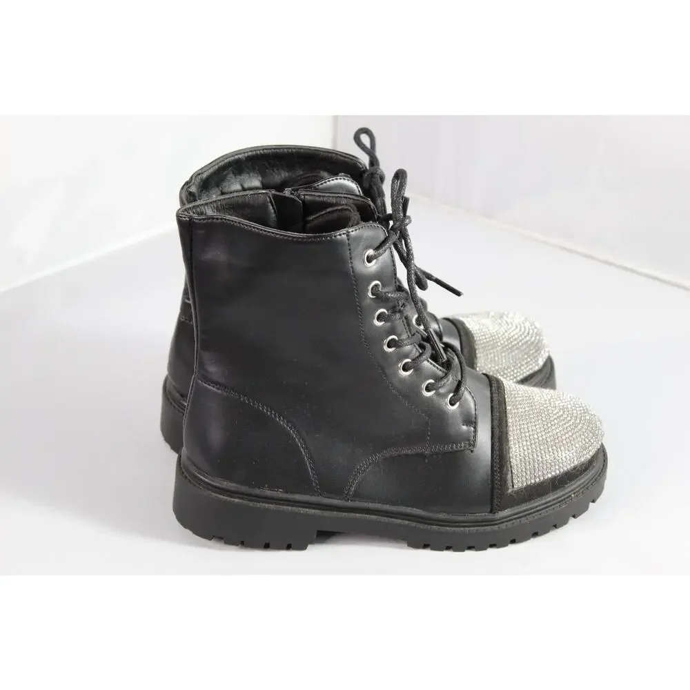 Girls Leslie Lace Up Combat Ankle Boots Black Rhinestone Toe Side Zip Size 2